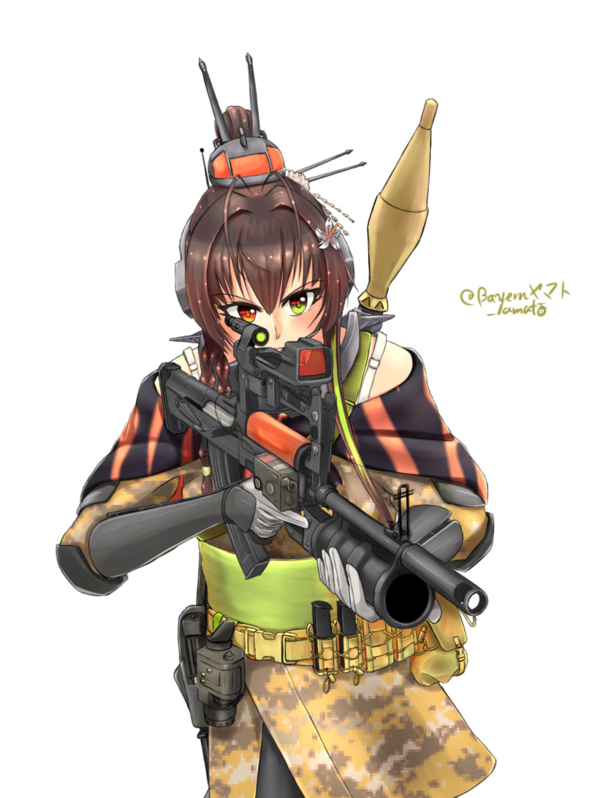 1girl armor arsenal_ad artist_name assault_rifle battle_rifle brown_hair bullpup caseless_firearm cherry_blossoms eotech extended_barrel female_focus flower gloves gp-34 grenade_launcher gun hair_between_eyes hair_flower hair_ornament headgear headset high-explosive_anti-tank_(warhead) highres holding holding_weapon izhmash kalashnikov_concern kantai_collection load_bearing_vest long_hair magazine_(weapon) man-portable_anti-tank_systems md5_mismatch ots-14_groza ponytail rekka_yamato resolution_mismatch rifle rocket-propelled_grenade rocket_(projectile) rocket_launcher rpg rpg-7 rpg_(weapon) scope simple_background solo source_smaller stc_delta strap trigger_discipline tskib_soo underbarrel_grenade_launcher weapon white_background yamato_(kancolle) zastava_arms