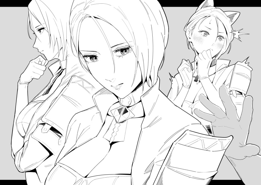 1girl animal_ears armor blush breasts cat_ears choker cleavage closed_mouth commentary fire_emblem fire_emblem:_three_houses furo_atsushi gloves greyscale highres large_breasts medium_breasts monochrome nintendo pauldrons profile shamir_nevrand short_hair shoulder_armor