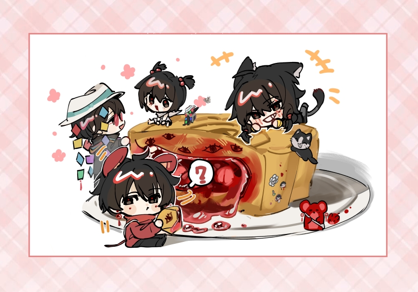 +++ 1girl 3boys ? absurdres animal_ears animalization bird black_eyes black_hair black_pants black_shirt blush_stickers border cat cat_boy cat_ears cat_tail character_sticker chibi chibi_only chinese_commentary commentary_request dress facial_tattoo grey_dress grin hair_bobbles hair_ornament hat highres huai_huizhi huai_yunqing kemonomimi_mode li_yuting_(male) li_yuting_(mouse) mini_person miniboy minigirl mo_chengwei mole mole_under_eye mouse_(animal) mouse_boy mouse_ears mouse_tail multiple_boys notice_lines open_mouth pants pink_border plaid_border red-tinted_eyewear red_shirt round_eyewear shirt short_hair short_twintails shou_qianhui smile speech_bubble spoken_question_mark tail tattoo tinted_eyewear touqi_guaitan twintails white_background white_hat yujin464 ziche_fuzhao