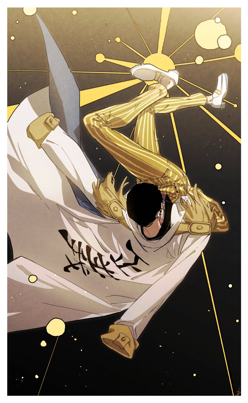 1boy 6cheetah absurdres border borsalino_(kizaru) facial_hair formal_clothes full_body highres kicking male_focus mature_male midair mustache_stubble one_piece pants photokinesis short_hair solo sparse_stubble star_(symbol) star_symbol_background stubble suit sunburst sunglasses turning_around white_border