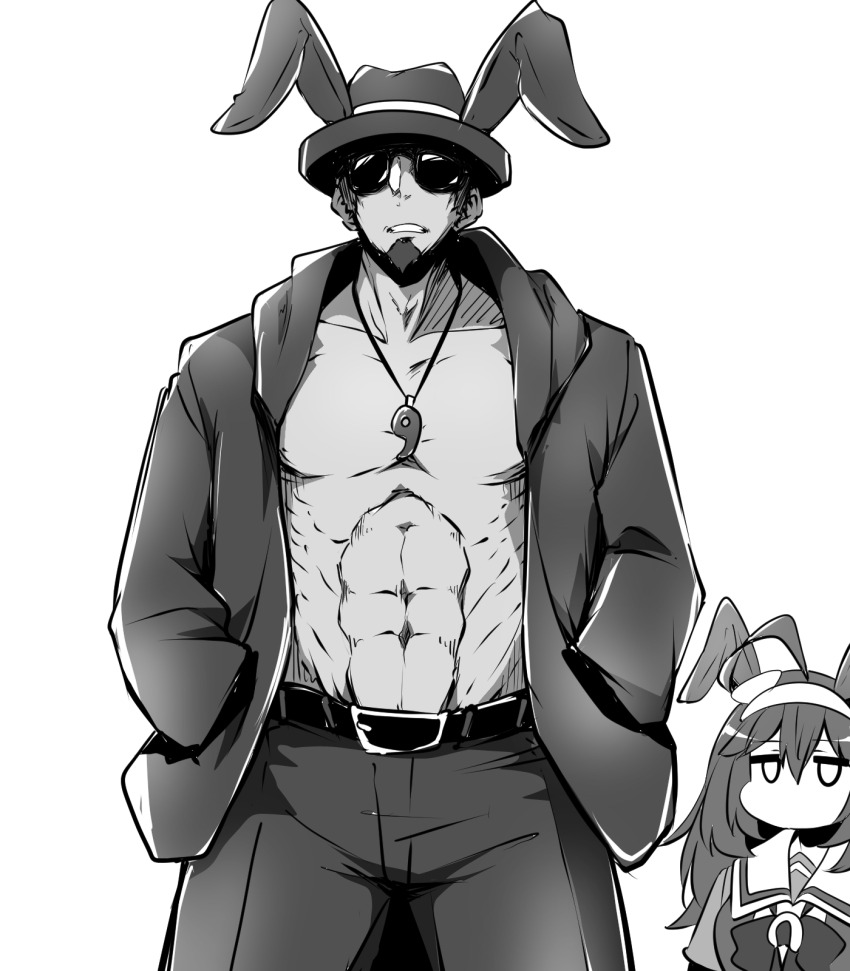 1boy 1girl abs ahoge animal_ears belt bow bowtie collarbone commentary facial_hair fedora goatee greyscale hair_between_eyes hairband hands_in_pockets hat highres hood hooded_jacket horse_ears horse_girl jacket jewelry jitome long_hair magatama magatama_necklace mihono_bourbon_(umamusume) monochrome muscular muscular_male necklace no_mouth pants pectorals rabbit_ears school_uniform simple_background summer_uniform sunglasses tracen_school_uniform trainer_kuronuma umamusume yonedatomo_mizu