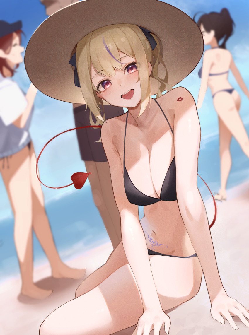 1boy 3girls absurdres arm_support armpit_crease beach bikini black_bikini blonde_hair blurry blurry_background blush breasts character_request cleavage commentary_request commission copyright_request cowboy_shot depth_of_field double-parted_bangs dutch_angle film_grain hat highres large_breasts leaning_to_the_side lipstick_mark lipstick_mark_on_shoulder looking_at_viewer male_swimwear medium_hair mukana_meme multicolored_hair multiple_girls navel no_pants ocean open_mouth purple_eyes purple_hair sand shirt side-tie_bikini_bottom sidelocks sitting skeb_commission smile solo_focus standing stomach stomach_tattoo streaked_hair sun_hat swimsuit t-shirt tattoo teeth triangle_mouth two_side_up upper_teeth_only virtual_youtuber walking white_hat white_shirt