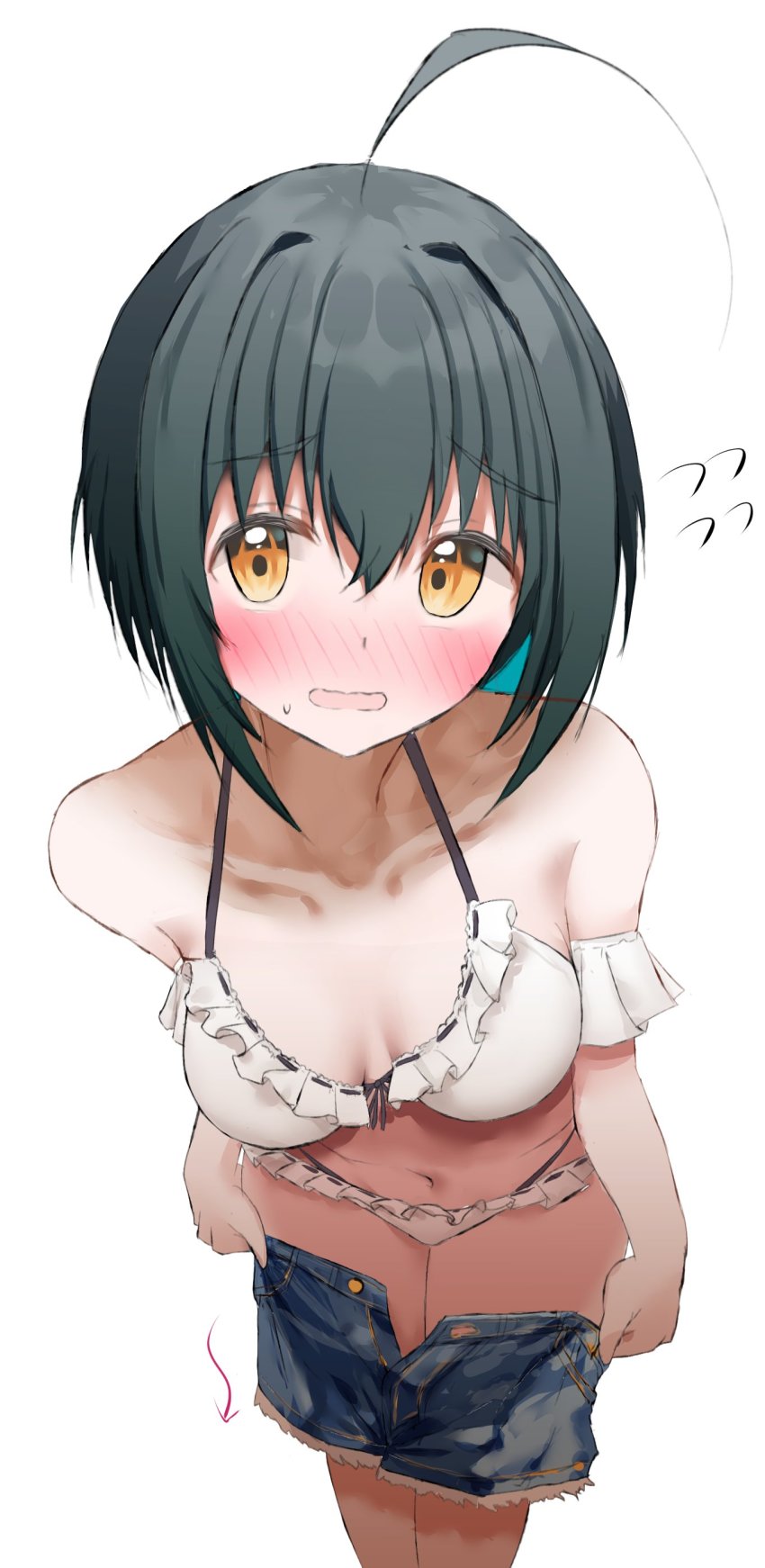 1girl absurdres ahoge ashinagi_(bijutu1) bikini black_hair blush collarbone denim denim_shorts flying_sweatdrops frilled_bikini frills full-face_blush highres idolmaster idolmaster_cinderella_girls kohinata_miho looking_at_viewer navel shorts simple_background solo swimsuit undressing white_background white_bikini