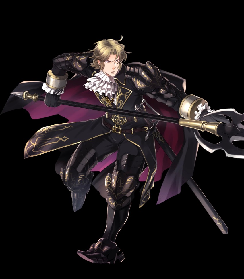 1boy armor armored_boots blonde_hair boots brown_eyes camus_(fire_emblem) fire_emblem fire_emblem:_mystery_of_the_emblem fire_emblem_heroes full_body gloves highres male_focus nintendo official_art open_mouth polearm solo spear suekane_kumiko sword teeth transparent_background weapon