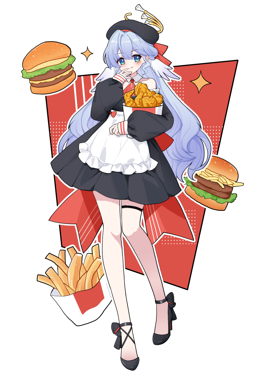 1girl absurdres apron beret black_dress black_footwear blue_hair bow burger chicken_(food) chinese_commentary cosplay detached_sleeves dress fast_food ff2074 food french_fries fried_chicken full_body green_eyes halo hat head_wings high_heels highres holding holding_food honkai:_star_rail honkai_(series) long_hair long_sleeves looking_at_viewer noelle_(genshin_impact) noelle_(genshin_impact)_(cosplay) noelle_(kfc)_(genshin_impact) puffy_sleeves robin_(honkai:_star_rail) smile solo sparkle thigh_strap very_long_hair white_apron white_background wings