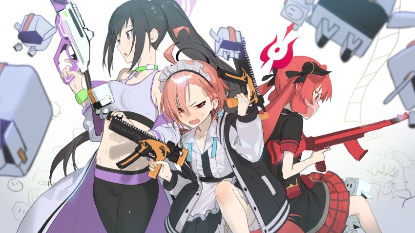 3girls ahoge akinashi_yuu benelli_m4_super_90 black_hair black_horns black_ribbon blue_archive blush braid choker earrings feet_out_of_frame frills green_choker gun hair_ribbon halo holding holding_gun holding_weapon horns jacket jewelry junko_(blue_archive) long_hair maid_headdress midriff multiple_girls necktie neru_(blue_archive) off_shoulder open_clothes open_jacket open_mouth orange_hair pants plaid_clothes plaid_skirt purple_eyes red_eyes red_hair red_skirt ribbon short_hair shotgun sig_mpx simple_background skirt sports_bra stud_earrings submachine_gun sumire_(blue_archive) sweat sweatband twintails undone_necktie weapon yoga_pants