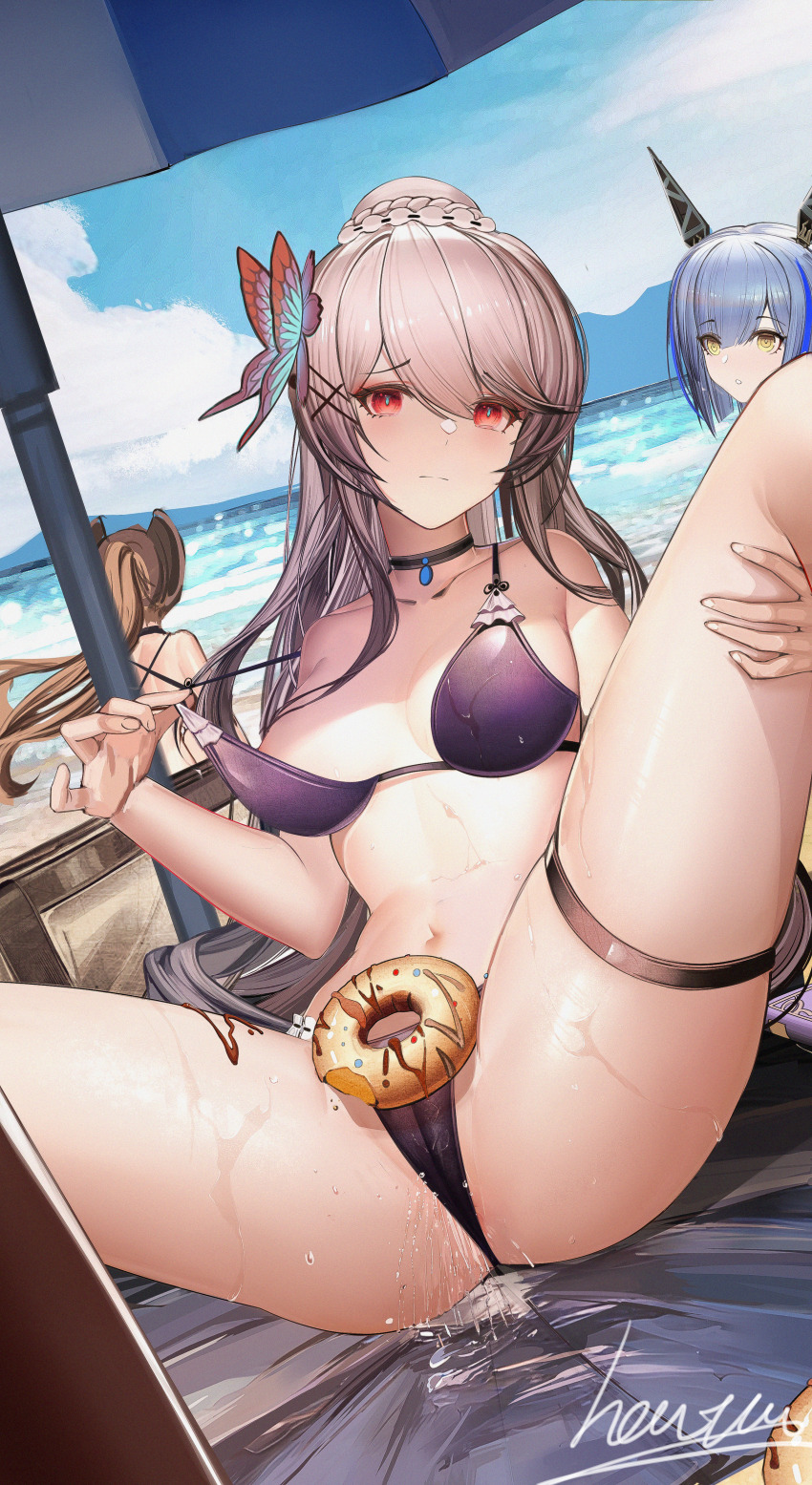 3girls absurdres azur_lane beach bikini black_choker blue_hair blush breasts brown_hair butterfly_hair_ornament cameltoe choker cleavage closed_mouth collarbone day donut dunkerque_(azur_lane) dunkerque_(summer_sucre)_(azur_lane) food gascogne_(azur_lane) hair_ornament heatia highres jean_bart_(azur_lane) jean_bart_(private_apres_midi)_(azur_lane) large_breasts long_hair looking_at_viewer medium_breasts multiple_girls navel official_alternate_costume outdoors parasol parted_lips purple_bikini red_eyes signature sitting solo_focus spread_legs swimsuit thigh_strap thighs umbrella water wet yellow_eyes