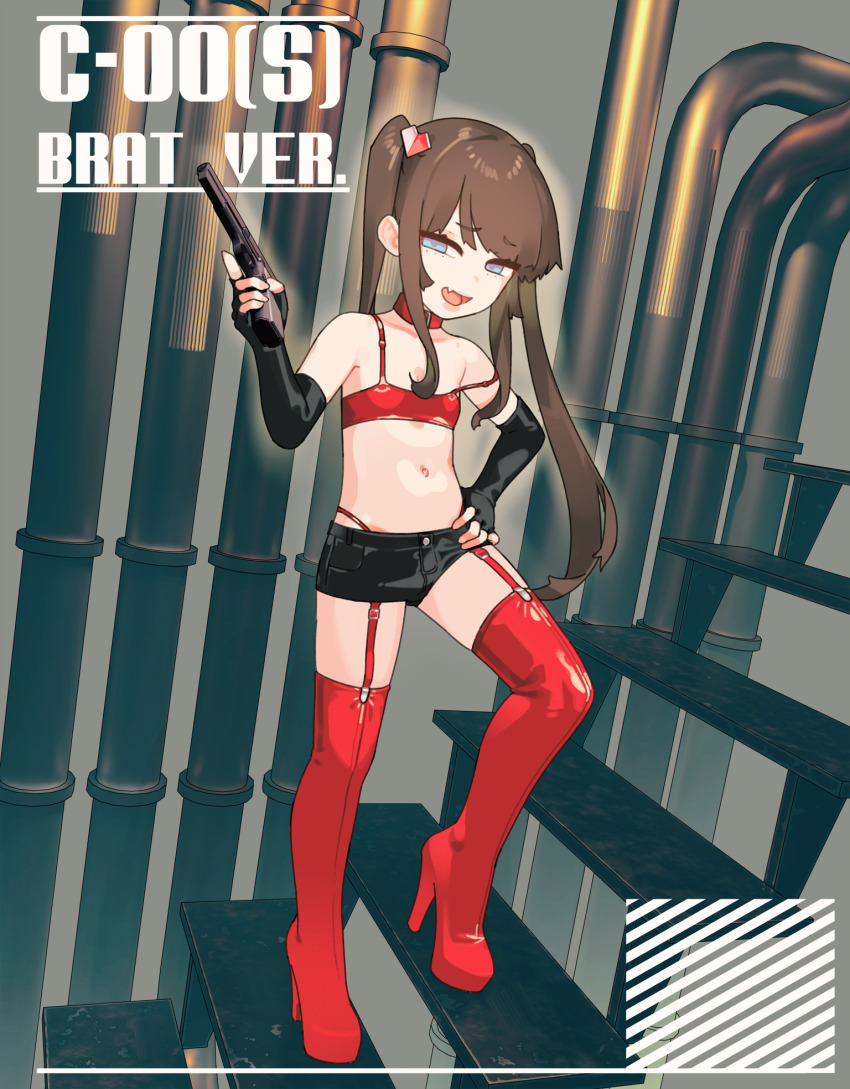 1girl black_gloves black_shorts blue_eyes boots brown_hair chikuwa_fan973 collarbone denim denim_shorts elbow_gloves fang fingerless_gloves full_body garter_straps gloves gun hair_ornament hand_on_own_hip handgun heart heart_hair_ornament high_heel_boots high_heels highres holding holding_gun holding_weapon long_hair looking_at_viewer navel open_mouth original red_boots short_shorts shorts skin_fang smile smug solo thigh_boots weapon
