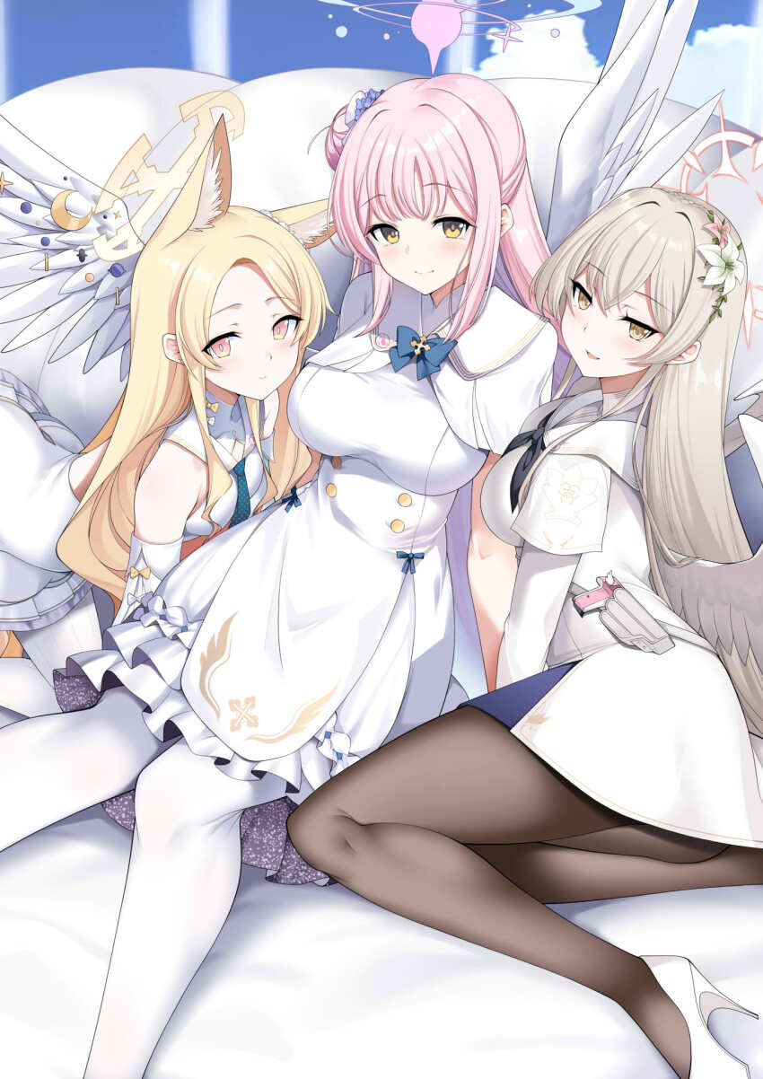 3girls angel_wings blonde_hair blue_archive daive flower gun hair_bun hair_flower hair_intakes hair_ornament halo handgun highres holster looking_at_viewer mika_(blue_archive) multiple_girls nagisa_(blue_archive) pink_eyes pink_hair school_uniform seia_(blue_archive) serafuku sidelocks single_side_bun tea_party_(blue_archive) weapon white_serafuku wings yellow_eyes