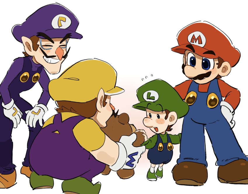 4boys baby_luigi blue_eyes blue_overalls boots brothers brown_footwear brown_hair commentary gloves green_hat green_shirt hat highres luigi male_focus mario mario_(series) mario_party mario_party_4 mimimi_(mimimim9999) multiple_boys nintendo overalls purple_hat purple_overalls purple_shirt red_hat red_shirt shirt shoes short_hair siblings teeth upper_teeth_only waluigi wario white_gloves yellow_hat yellow_shirt