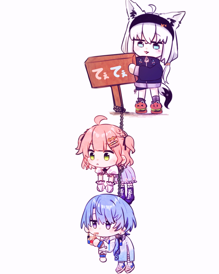 3girls absurdres ahoge animal_ears aqua_eyes black_hairband blue_eyes blue_hair blue_skirt boots chain chibi commentary dress drink drinking_straw drinking_straw_in_mouth fox_ears fox_girl fox_tail fubumicomet_(hololive) green_eyes hair_ornament hairband hairclip hanging highres holding holding_chain holding_juice_box holding_sign hololive hoshimachi_suisei hoshimachi_suisei_(oriental_suit) juice_box long_skirt long_sleeves looking_at_another looking_down medium_hair multiple_girls official_alternate_costume pink_hair puffy_short_sleeves puffy_sleeves revision sakura_miko sakura_miko_(street) sandals shirakami_fubuki shirakami_fubuki_(loungewear) short_dress short_hair short_sleeves side_slit sign skirt star_(symbol) star_in_eye striped_clothes striped_skirt symbol-only_commentary symbol_in_eye tail triangle_mouth two_side_up vertical-striped_clothes vertical-striped_skirt virtual_youtuber white_dress white_hair white_skirt yumi5469