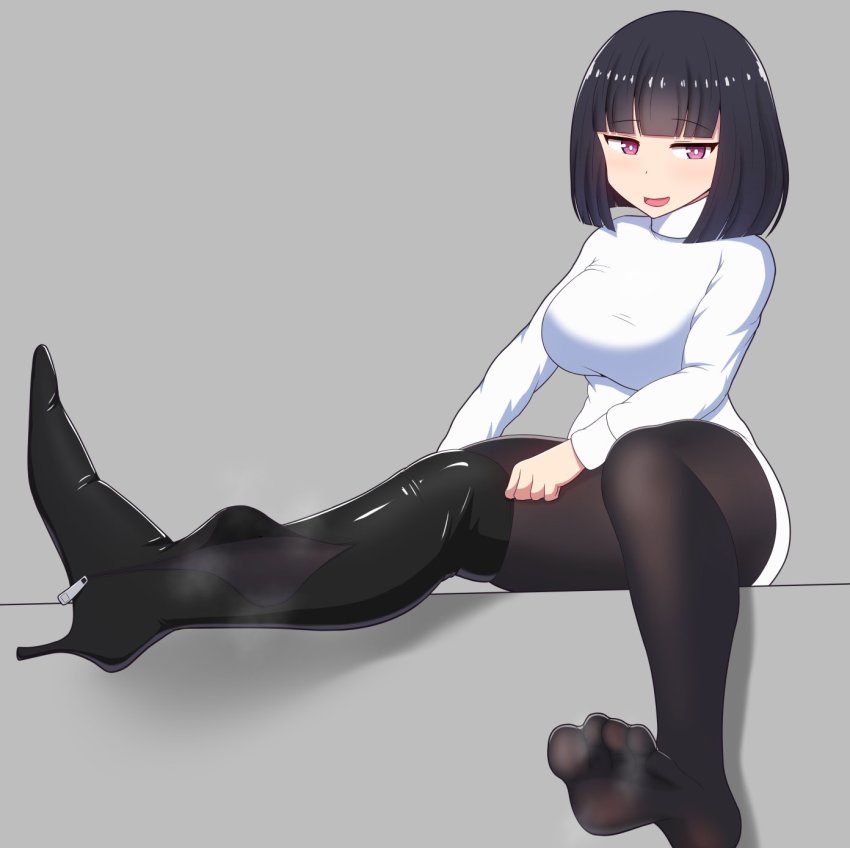 1girl boots breasts feet high_heel_boots high_heels highres large_breasts looking_at_viewer open_mouth pantyhose pink_eyes pulling_on_boots shoes single_shoe sitting steam thigh_boots thighhighs toes zip zipper