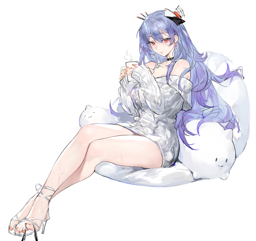 1girl absurdres bare_legs black_choker blush breasts choker cleavage collarbone crossed_legs cup dress earrings eyelashes feet full_body grey_dress hair_ornament hands_up helena_(warship_girls_r) high_heels highres holding holding_cup holding_with_feet jewelry large_breasts leg_focus legs long_hair looking_at_viewer nail_polish off-shoulder_dress off_shoulder orange_nails purple_hair red_eyes sandals short_dress simple_background sitting sketch smile solo stiletto_heels strappy_heels sweat sweatdrop toenail_polish toenails toes very_long_hair warship_girls_r white_background white_sandals xiangchizhubijin