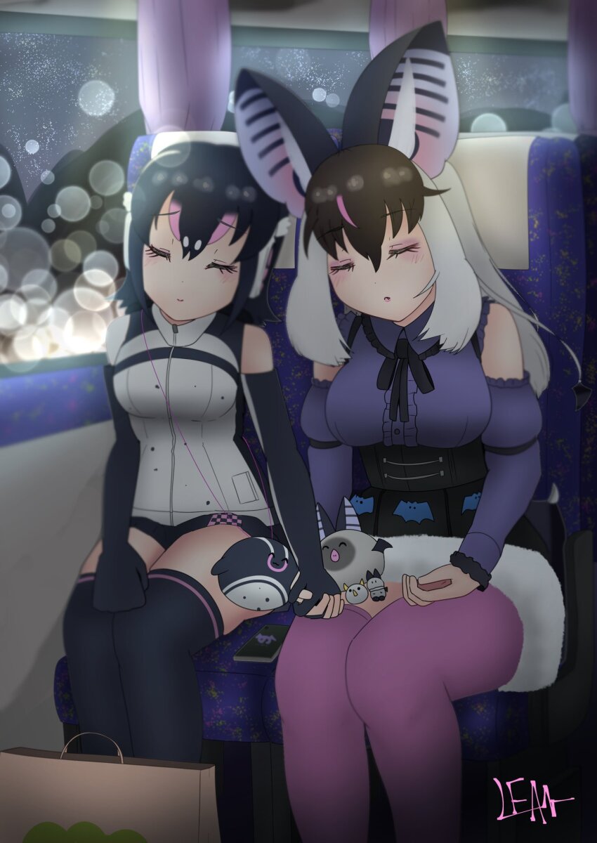 2girls animal_ears bat_ears bat_girl black_hair brown_hair brown_long-eared_bat_(kemono_friends) closed_eyes elbow_gloves extra_ears gloves grey_hair highres hood hoodie humboldt_penguin_(kemono_friends) kemono_friends kemono_friends_v_project long_hair multicolored_hair multiple_girls neck_ribbon night noren_kf1 penguin_girl ribbon shirt short_hair sitting skirt sleeping sleeveless streaked_hair stuffed_toy thighhighs virtual_youtuber zipper