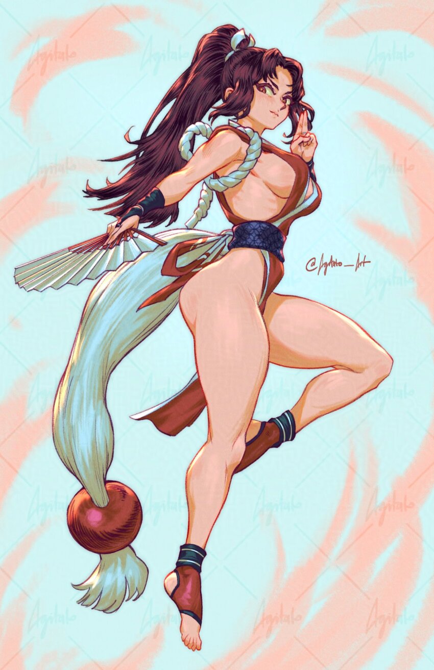 1girl agitato arm_guards ass bad_tag bare_legs bare_shoulders black_hair breasts closed_mouth crossover curvy falling_petals fatal_fury female_focus folded_fan folding_fan from_side full_body hand_fan high_ponytail highres holding holding_fan japanese_clothes jumping kuji-in large_breasts long_hair looking_at_viewer ninja no_bra pelvic_curtain petals ponytail revealing_clothes rope shiny_skin shiranui_mai sideboob sidelocks snk solo street_fighter street_fighter_6 the_king_of_fighters thick_thighs thighs toeless_footwear toes