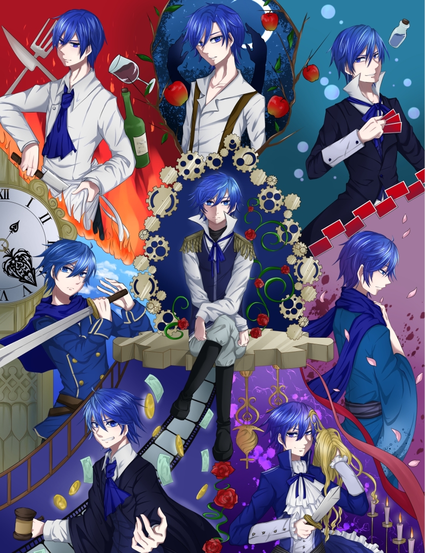 6+boys akujiki_musume_conchita_(vocaloid) akutoku_no_judgement_(vocaloid) alcohol apple apron ascot black_footwear blonde_hair blood blood_stain blue_eyes blue_hair blue_kimono blue_neckerchief blue_necktie blue_ribbon blue_scarf blue_sky boots bottle branch bubble_background burning candle candlestand card chaban_capriccio_(vocaloid) chef cleaning clock clock_tower clogs cloud coin commentary_request creator_connection crescent_moon crossdressing cup cutlery dagger drinking_glass enbizaka_no_shitateya_(vocaloid) epaulettes evil_grin evil_smile evillious_nendaiki film_border film_strip fire flask flower food forest frown fruit gavel gears grin hand_on_own_chest heartbeat_clocktower_(vocaloid) high_collar highres holding holding_knife holding_sword holding_weapon japanese_clothes judge kaito_(vocaloid) kimono knife male_focus money moon moonlit_bear_(vocaloid) multiple_boys multiple_persona nature neck_ribbon neckerchief necktie nemurase_hime_kara_no_okurimono_(vocaloid) night night_sky open_clothes open_collar open_shirt outstretched_hand pants petals playing_card poison red_flower red_rose ribbon rose scarf shinon_no_tokeitou_(vocaloid) shirt silhouette sky sleeveless sleeveless_blazer sleeveless_jacket smile songover star_(sky) starry_sky suspenders sword teito_(teito10) thigh_boots thighhighs tower venomania_kou_no_kyouki_(vocaloid) vocaloid waist_apron weapon welding white_pants wig wine wine_glass