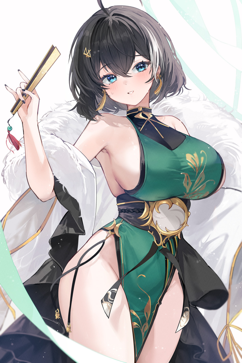 1girl absurdres ahoge armpits azur_lane bare_shoulders black_coat black_hair black_nails blue_eyes breasts china_dress chinese_clothes coat cowboy_shot dress earrings fur_trim garter_straps green_dress grin gurami_(zangizarang) hand_fan hand_up highres holding holding_fan hwah_jah_(azur_lane) hwah_jah_(retrofit)_(azur_lane) jewelry large_breasts multicolored_hair nail_polish no_panties off_shoulder pelvic_curtain short_hair sideboob sleeveless sleeveless_dress smile solo standing streaked_hair sweat taut_clothes taut_dress thighs wide_sleeves