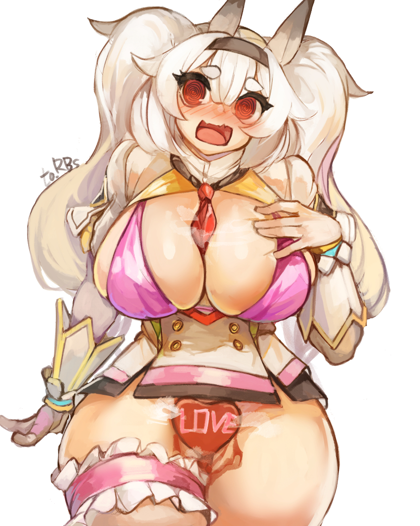1girl @_@ absurdres alvis_(last_origin) bra breasts character_request dress female_focus head_tilt highres huge_breasts larribee last_origin looking_at_viewer no_panties pink_bra red_eyes smile solo standing thick_thighs thighs twintails underwear white_background white_dress white_hair wide_hips