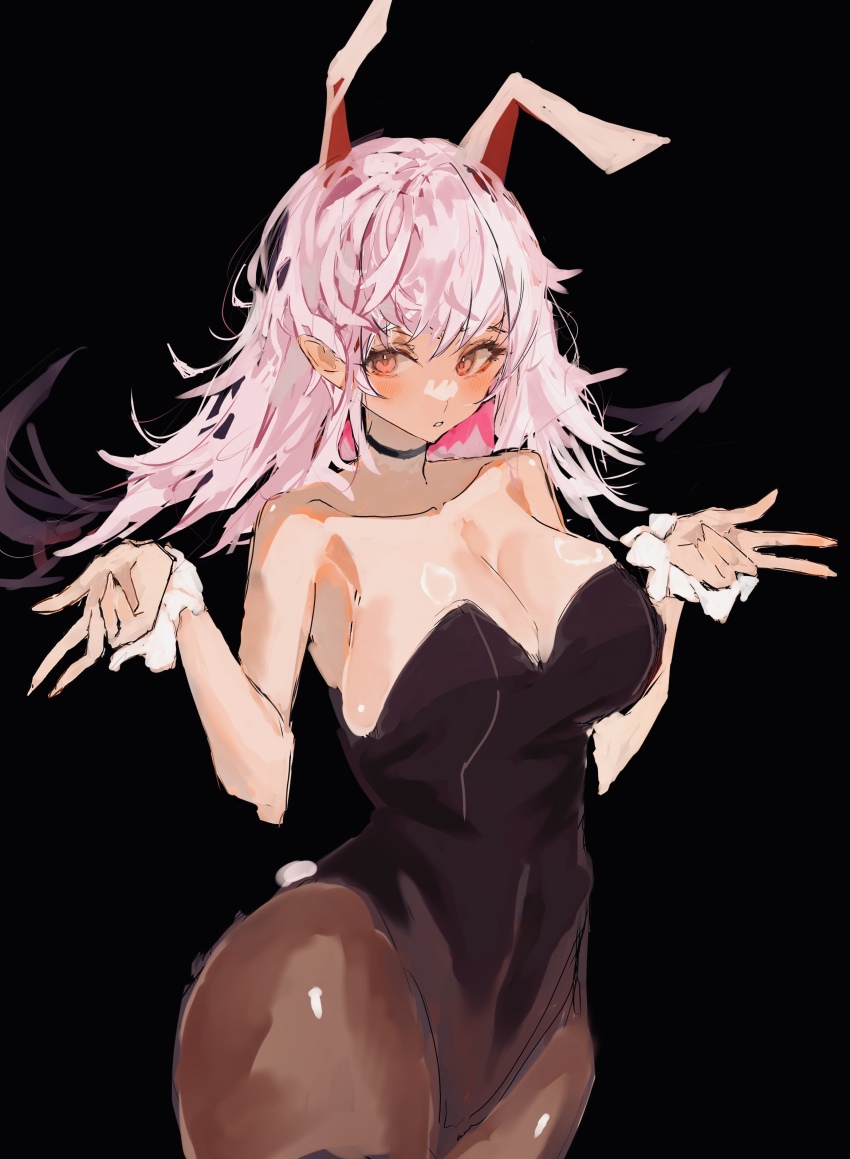 1girl absurdres animal_ears bare_shoulders black_choker black_pantyhose blush breasts choker cleavage collarbone double_w frilled_cuffs hair_between_eyes hand_up highleg highleg_leotard highres huge_breasts leotard long_hair messy_hair pantyhose parted_lips playboy_bunny po_(anhk5528) rabbit_ears rabbit_girl rabbit_tail red_eyes reisen_udongein_inaba solo strapless strapless_leotard tail touhou w white_hair wrist_cuffs