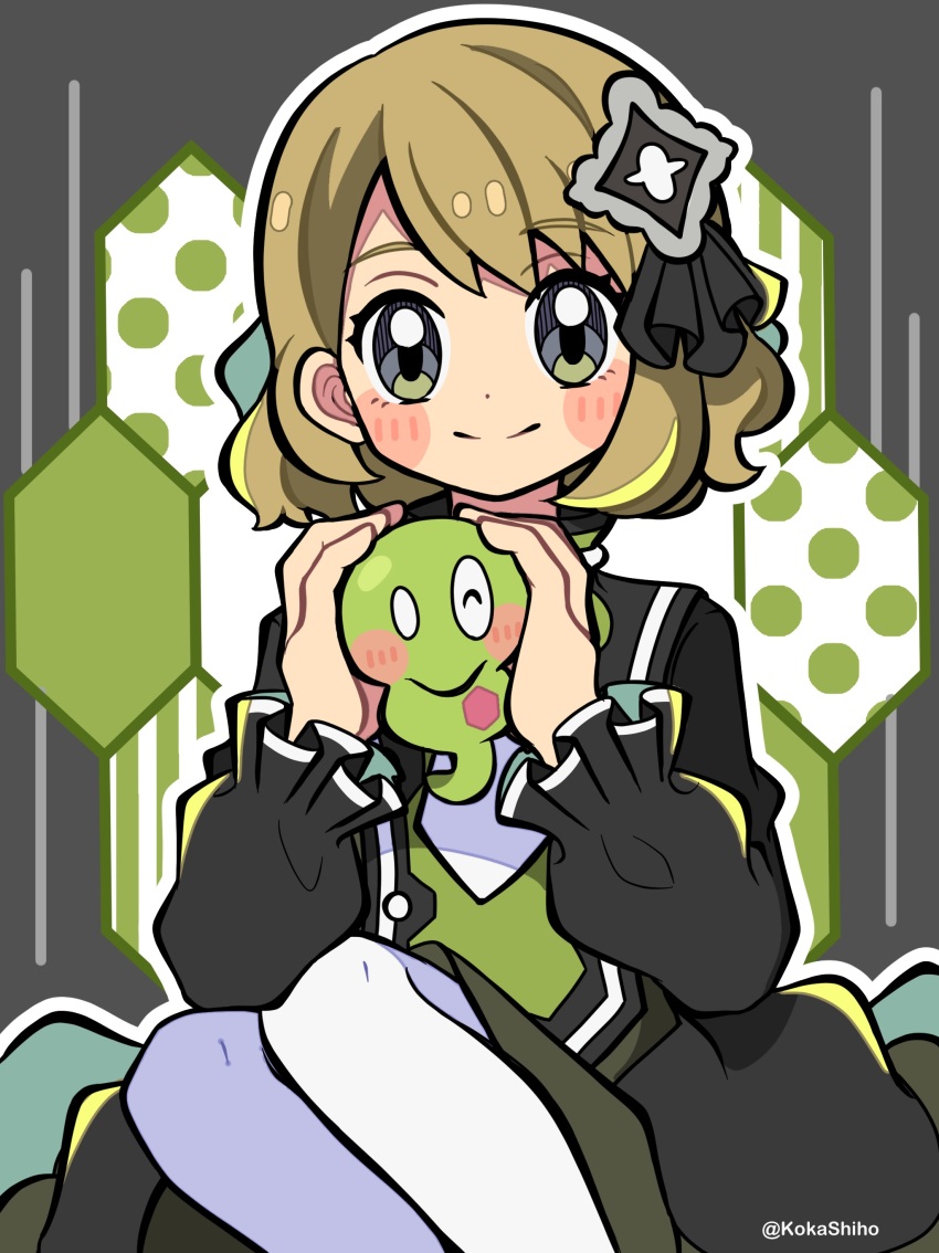 1girl absurdres black_dress black_ribbon blonde_hair blush_stickers closed_mouth dress gen_6_pokemon grey_eyes hair_ornament hair_ribbon hands_up highres holding holding_pokemon kokashiho legendary_pokemon long_sleeves nintendo official_alternate_costume pantyhose pokemon pokemon_(creature) pokemon_masters_ex ribbon serena_(pokemon) serena_(sygna_suit)_(pokemon) short_hair sitting smile split_mouth twitter_username white_pantyhose zygarde zygarde_core
