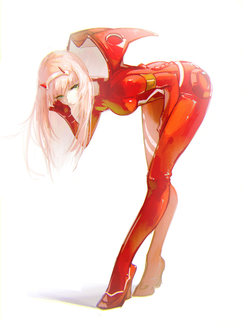 1girl absurdres armband bodysuit breasts candy darling_in_the_franxx dudrinm food green_eyes high_heels highres horns leaning_forward lollipop long_hair looking_at_viewer mecha_pilot_suit medium_breasts parasite_suit_(darling_in_the_franxx) pink_hair red_bodysuit simple_background skin_tight solo white_background zero_two_(darling_in_the_franxx)