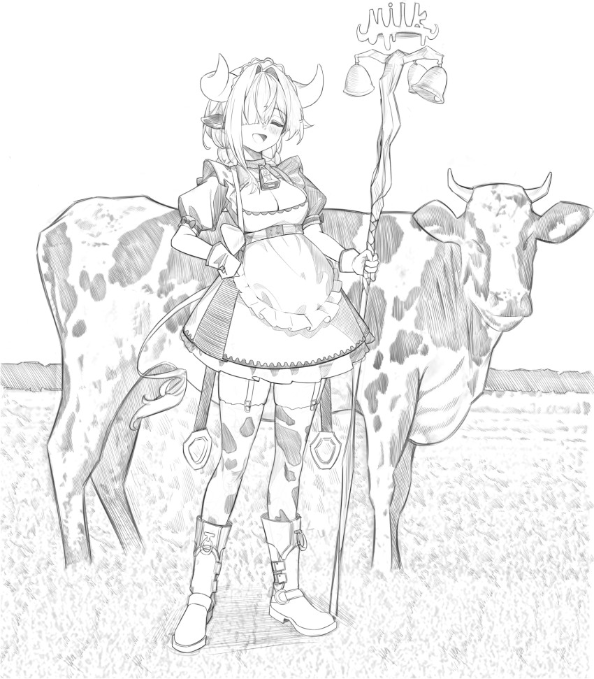 1girl absurdres al4f animal_ears animal_print apron bell blush boots breasts cleavage closed_eyes closed_mouth commentary cow cow_ears cow_girl cow_print cow_print_thighhighs cowbell dress garter_straps gloves greyscale hand_on_own_hip highres holding holding_staff horns maid monochrome open_mouth original outdoors print_thighhighs puffy_short_sleeves puffy_sleeves short_sleeves solo staff standing symbol-only_commentary thighhighs