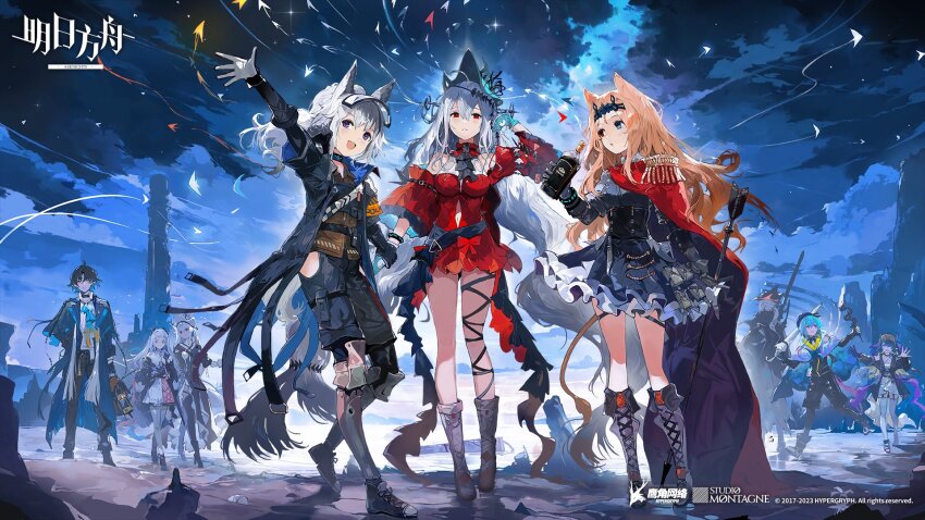 3boys 6+girls alchemaniac archetto_(arknights) arknights arm_up black_coat black_dress black_hair black_pants blonde_hair blue_eyes blue_hair blue_headwear boots cape cloud coat commentary dress epaulettes gloves grani_(arknights) grey_footwear grey_hair heterochromia highmore_(arknights) highres hip_vent irene_(arknights) lace-up_boots lumen_(arknights) mizuki_(arknights) multiple_boys multiple_girls official_art outdoors pants pointy_hair purple_eyes red_cape red_dress red_eyes short_dress skadi_(arknights) skadi_the_corrupting_heart_(arknights) specter_(arknights) specter_the_unchained_(arknights) ulpianus_(arknights) white_gloves white_hair