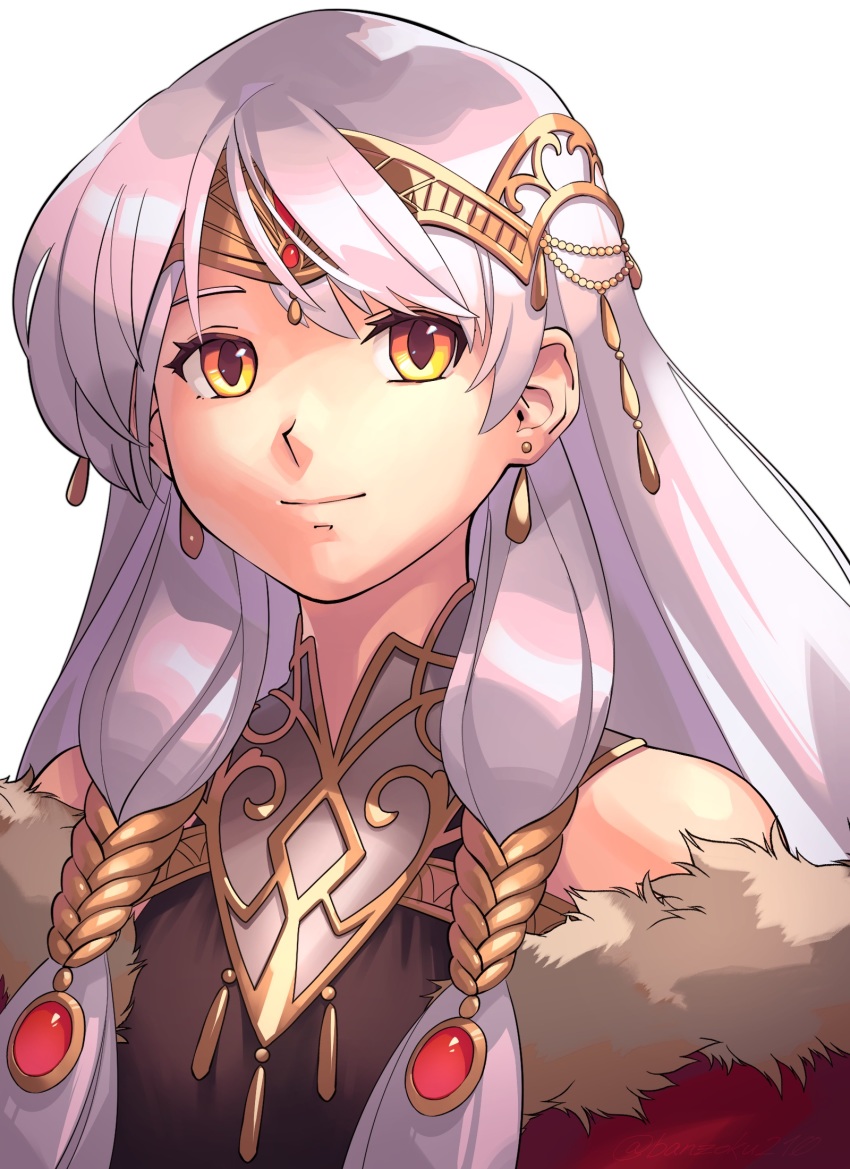 1girl asagi_(banzoku210) bare_shoulders black_dress circlet coat dress earrings fire_emblem fire_emblem:_radiant_dawn fire_emblem_cipher fire_emblem_heroes highres jewelry long_hair looking_at_viewer micaiah_(fire_emblem) micaiah_(radiant_queen)_(fire_emblem) nintendo portrait silver_hair simple_background sleeveless sleeveless_dress smile solo upper_body white_background yellow_eyes
