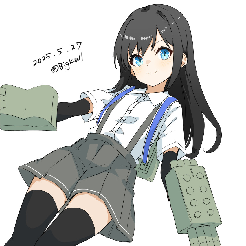 absurdres adapted_turret asashio_(kancolle) bigkwl black_hair black_thighhighs blue_eyes cannon cowboy_shot dated highres kantai_collection long_hair machinery neck_ribbon one-hour_drawing_challenge pleated_skirt ribbon rigging school_uniform ship_turret shirt simple_background skirt suspender_skirt suspenders thighhighs torpedo_launcher torpedo_tubes twitter_username white_background white_shirt