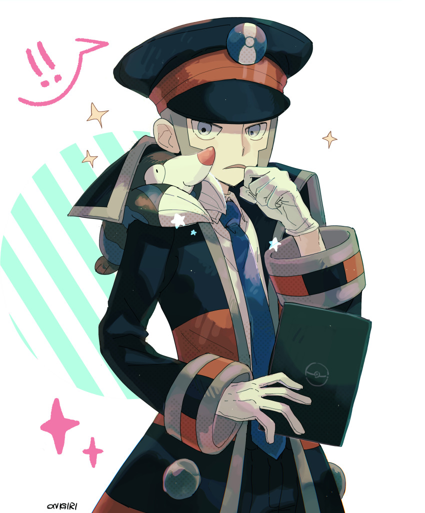 ! !! 1boy absurdres black_coat black_hat blue_necktie clipboard coat drilbur gen_5_pokemon gloves grey_eyes grey_hair hat highres holding holding_clipboard ingo_(pokemon) long_sleeves looking_at_viewer male_focus necktie nintendo on_shoulder onigiri_(ahku5522) pokemon pokemon_(creature) pokemon_bw pokemon_on_shoulder sparkle spoken_exclamation_mark white_gloves
