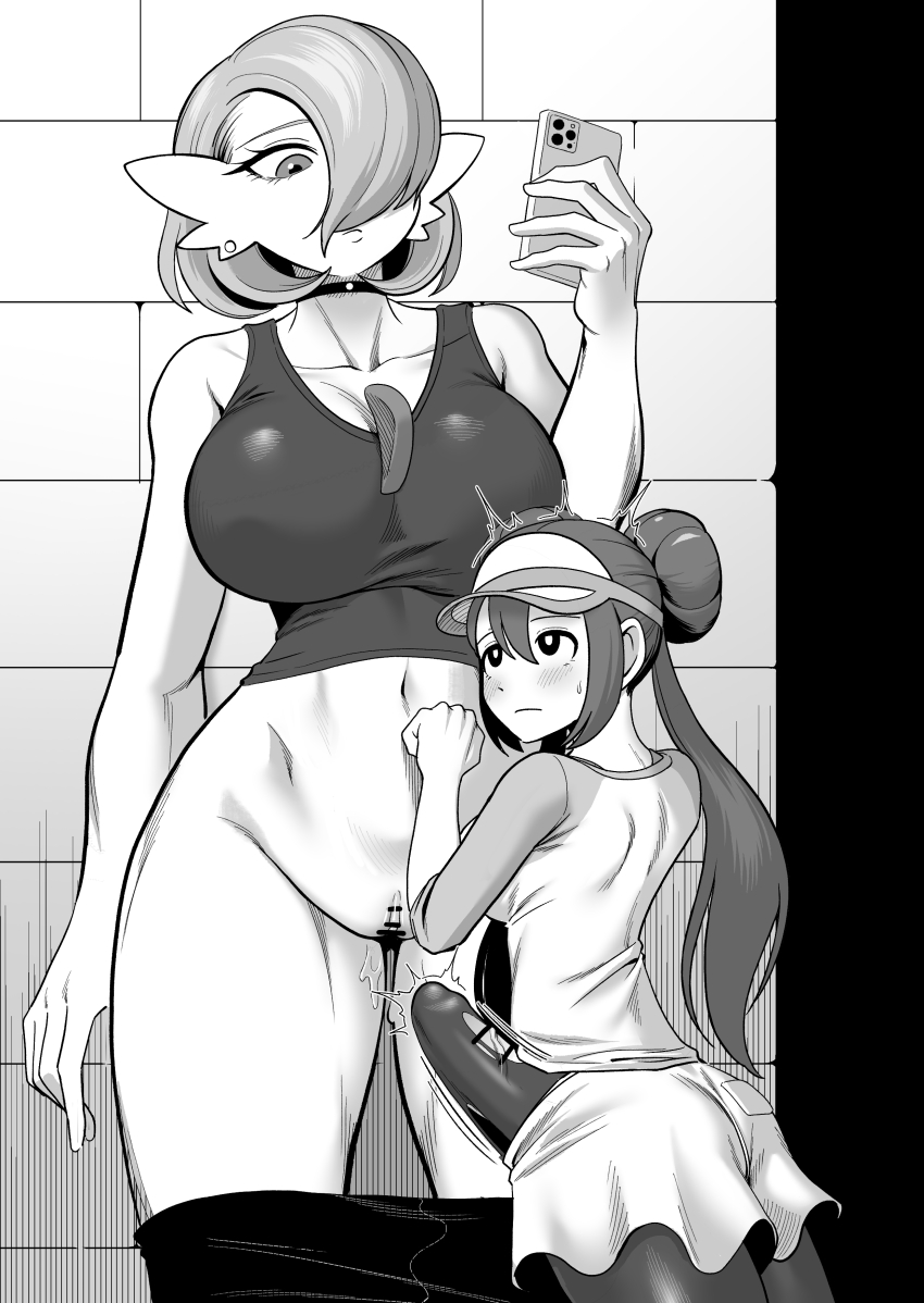 1futa 1girl absurdres arm_at_side ass bar_censor bare_shoulders blush bob_cut breasts brick_wall bulge cellphone censored choker clitoral_hood closed_mouth clothes_pull collarbone cowboy_shot crop_top donut_hair_bun double_bun earrings erection erection_under_clothes eye_contact from_behind futa_with_female futanari gardevoir gen_3_pokemon hair_bun hair_over_one_eye hand_up highres holding holding_phone interspecies iphone jewelry large_breasts leggings leggings_pull looking_at_another looking_down looking_up mature_female monochrome navel nintendo one_eye_covered pantyhose pantyhose_under_shorts penis penis_out phone pokemon pokemon_(creature) pokemon_bw2 pussy pussy_juice raglan_sleeves rosa_(pokemon) shirt short_hair short_shorts shorts shorts_pull sidelocks sleeveless sleeveless_shirt small_breasts smartphone standing stomach stud_earrings tekkin_papa torn_clothes torn_pantyhose twintails veins veiny_penis visor_cap