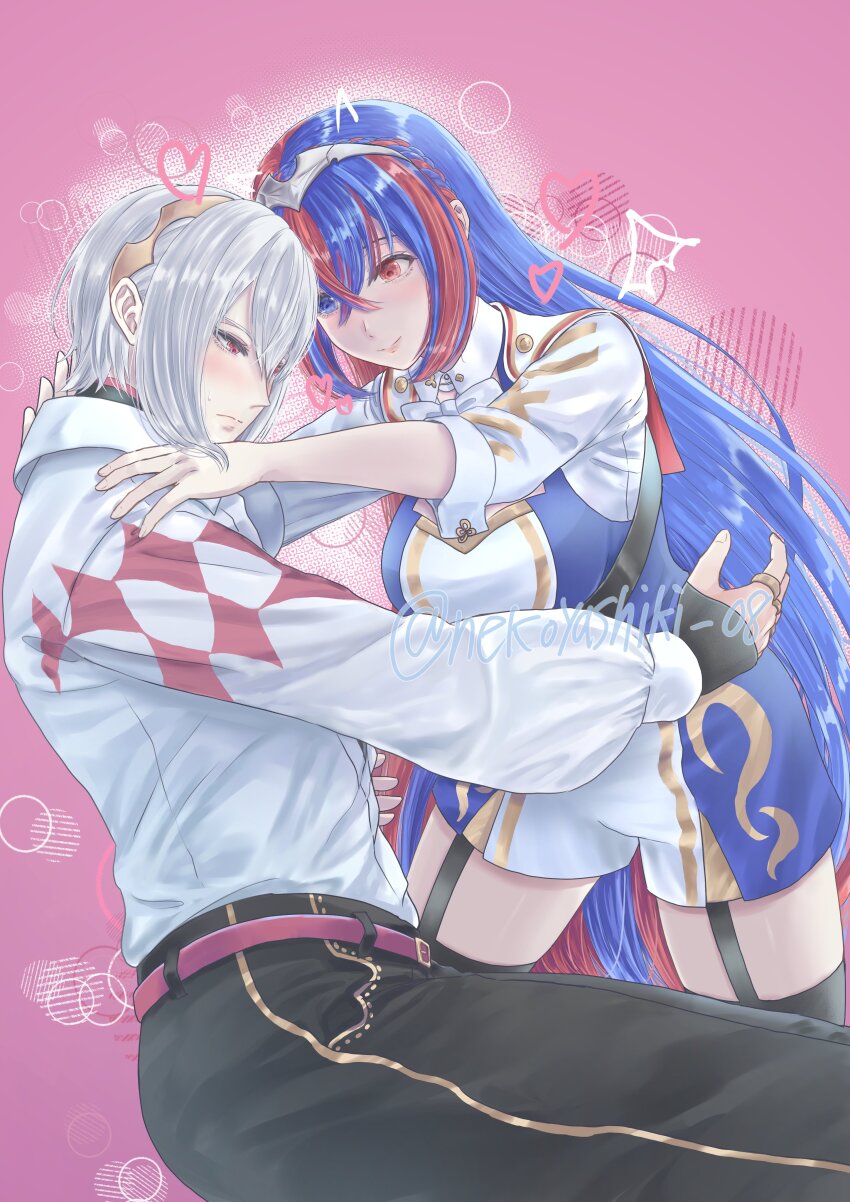 1boy 1girl absurdres blue_eyes blue_hair breasts couple crossed_bangs female_alear_(fire_emblem) fire_emblem fire_emblem_engage hetero heterochromia highres medium_breasts multicolored_hair nekoyashiki_08 nintendo rafal_(fire_emblem) red_eyes red_hair split-color_hair tiara two-tone_hair white_hair