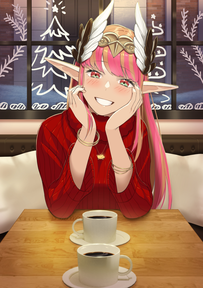 1girl 3d alternate_costume beppu_mitsunaka blush bracelet breasts circe_(fate) coffee_mug commission crown cup elbow_rest fate/grand_order fate_(series) green_eyes head_rest head_wings highres jewelry long_hair looking_at_viewer mug multicolored_eyes multicolored_hair necklace orange_eyes orange_hair pink_hair pointy_ears pov red_sweater skeb_commission smile solo sweater two-tone_hair upper_body very_long_hair wings winter_clothes