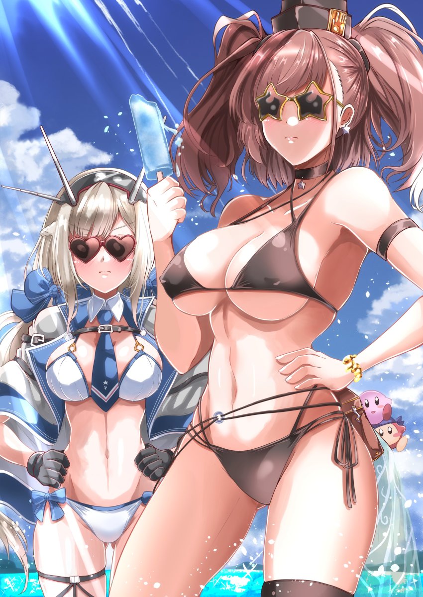 2girls absurdres atlanta_(kancolle) bandana_waddle_dee between_breasts bikini black_bikini black_gloves black_headwear blonde_hair blue_bow blue_eyes blue_necktie blue_sky bow breasts brown_hair capelet cloud commentary_request cowboy_shot crossover day detached_collar food garrison_cap gloves grey_capelet grey_eyes hair_bow hand_on_own_hip hands_on_own_hips hat headgear heart heart-shaped_eyewear highres kantai_collection kentan_(kingtaiki) kirby kirby_(series) large_breasts long_hair looking_at_viewer maryland_(kancolle) multiple_girls necktie necktie_between_breasts nintendo outdoors popsicle radio_antenna sky standing star-shaped_eyewear star_(symbol) sunglasses swimsuit two_side_up water white_bikini