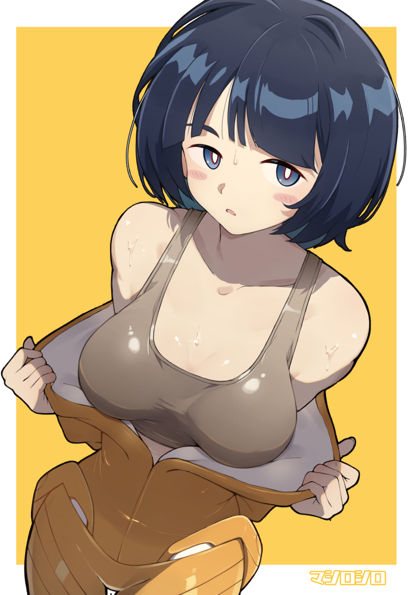 1girl bare_shoulders black_hair blue_eyes blush_stickers bob_cut bodysuit border bright_pupils brown_sports_bra collarbone commentary_request gundam gundam_gquuuuuux highres looking_at_viewer mashiroshiro open_bodysuit open_clothes open_mouth opened_by_self outside_border shiiko_sugai short_hair simple_background solo sports_bra sweat white_border white_pupils yellow_background yellow_bodysuit