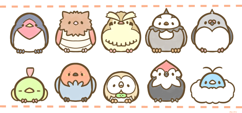 773mimisuke animal_focus artist_name bird black_eyes chibi chibi_only closed_mouth commentary_request fletchinder fletchling full_body gen_1_pokemon gen_2_pokemon gen_3_pokemon gen_4_pokemon gen_5_pokemon gen_6_pokemon gen_7_pokemon looking_at_viewer natu nintendo no_humans owl pidgey pidove pigeon pikipek pokemon pokemon_(creature) robin_(bird) rowlet simple_background solid_oval_eyes spearow starly swablu swallow_(bird) swellow white_background woodpecker