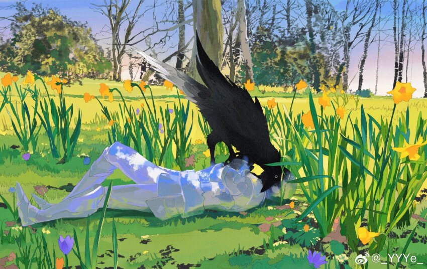 1boy animal armor bare_tree bird blue_sky bush chinese_commentary commentary_request crow daffodil field flower from_side full_armor full_body gradient_sky grass highres knee_up knight male_focus original oversized_animal pink_sky purple_flower sky spring_(season) tree watermark weibo_watermark ye_(ran_chiiipye) yellow_flower