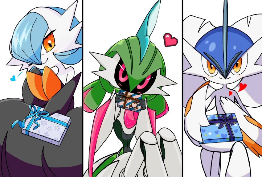 1boy 1girl 1other alternate_color arm_blade bare_shoulders black_dress black_gloves black_sclera black_skin blue_hair blush bob_cut closed_mouth colored_sclera colored_skin dress elbow_gloves flat_chest gallade gardevoir gen_3_pokemon gen_4_pokemon gift gloves green_hair hair_between_eyes hair_over_one_eye half-closed_eye hand_on_own_chest hand_up hands_up happy heart highres holding holding_gift humanoid_robot incoming_gift iron_valiant joints knees_up light_blush long_dress looking_at_viewer medium_hair mega_gallade mega_gardevoir mega_pokemon mohawk monya multicolored_hair multicolored_skin narrow_waist nintendo on_one_knee one_eye_closed one_eye_covered orange_eyes outstretched_arm pink_eyes pink_hair pokemon pokemon_(creature) robot robot_joints shiny_pokemon short_hair simple_background sitting smile spoken_heart standing straight-on strapless strapless_dress twintails two-tone_hair two-tone_skin weapon white_background white_day white_skin wink