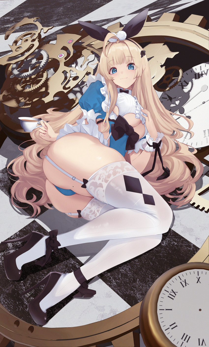 1girl absurdres ahoge ass blonde_hair blue_eyes blush breasts clock clothing_cutout cup dress garter_straps gears hair_ribbon high_heels highres large_breasts long_hair looking_at_viewer mole mole_on_thigh original panties pumps ribbon shoes smile solo stiletto_heels teacup thighhighs underboob underboob_cutout underwear untue white_garter_straps white_thighhighs