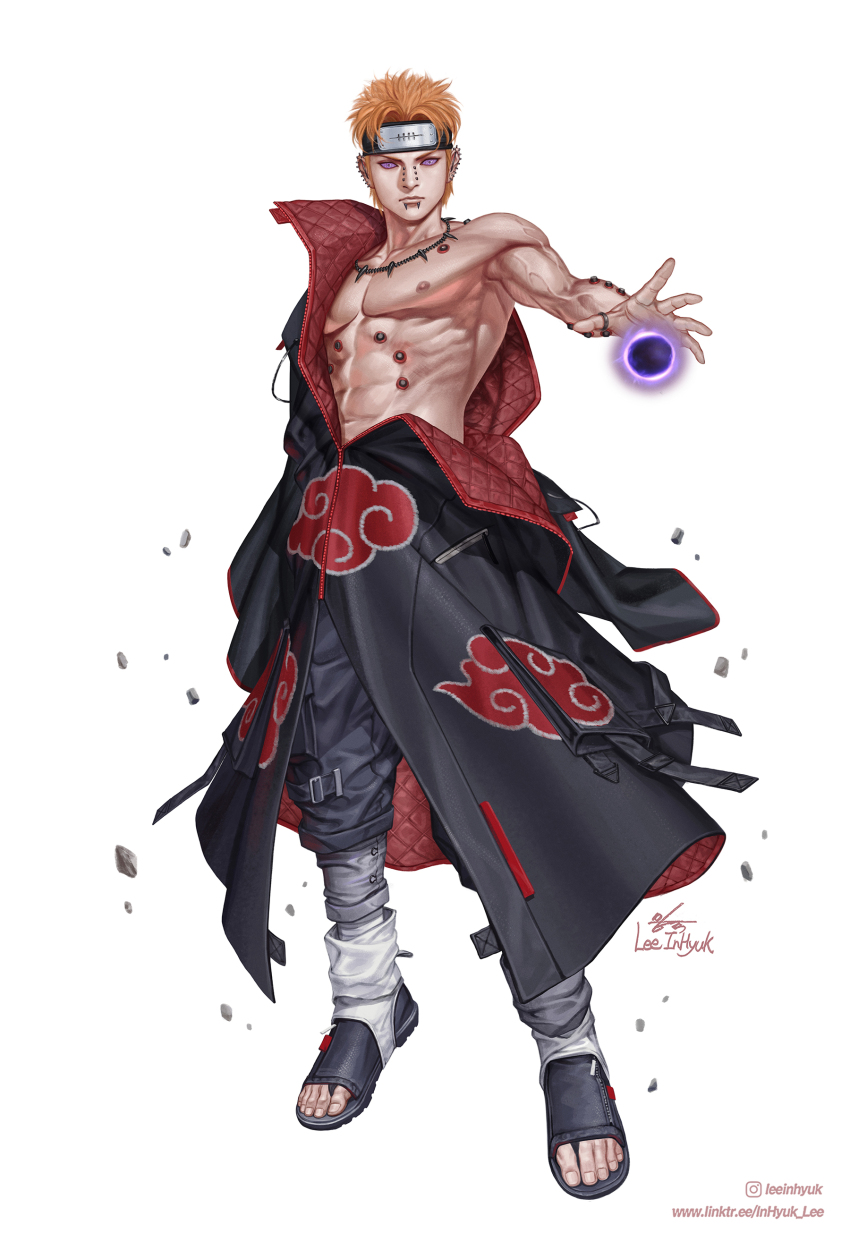 1boy abs absurdres akatsuki_uniform amegakure_symbol black_coat black_pants coat ear_piercing forehead_protector full_body highres in-hyuk_lee jewelry male_focus multiple_piercings muscular muscular_male naruto_(series) naruto_shippuuden necklace nipples nose_piercing orange_hair pain_(naruto) pants piercing ring rinnegan sandals short_hair solo standing veins veiny_arms white_background