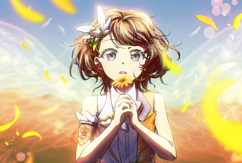 1girl angel_wings armband bare_arms bare_shoulders blue_sky blurry blurry_background bokeh brown_hair chromatic_aberration clear_sky collared_shirt day depth_of_field desert dot_nose expressionless eyelashes flower grey_armband grey_eyes grey_ribbon hair_ornament hanasato_minori hands_up heart heart_hair_ornament hidamaripotato highres holding holding_flower lace-trimmed_hair_ornament lace_trim lapel_pin lapels light_particles looking_at_viewer neck_ribbon orange_vest parted_lips petals plaid_ribbon project_sekai ribbon sand_dune shirt short_hair sky sleeveless sleeveless_shirt solo swept_bangs tareme tenshi_no_clover_(vocaloid) todoke!_hopeful_stage_(project_sekai) transparent_wings two-tone_vest upper_body very_short_hair vest wavy_hair white_shirt white_vest wide-eyed wing_hair_ornament wings yellow_flower yellow_petals