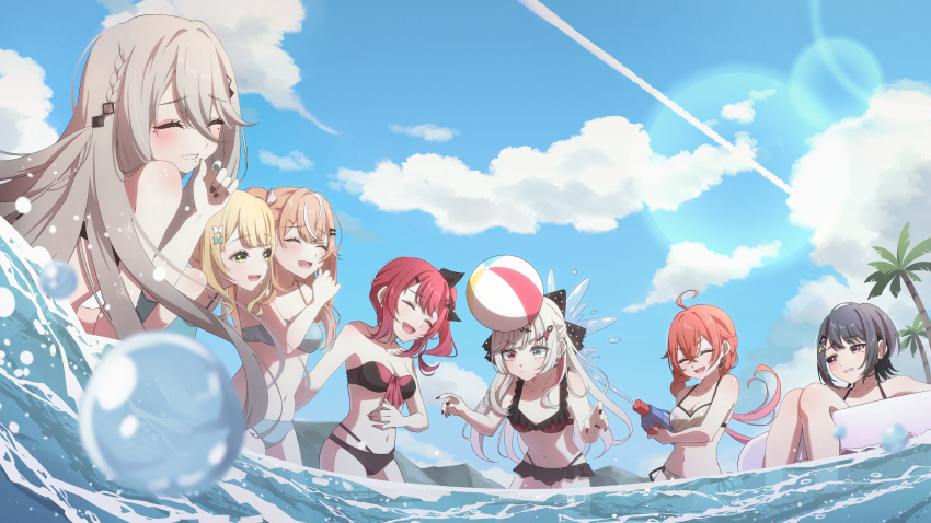 6+girls absurdres akashi_(4kc_27) ball beachball bikini bikini_skirt black_bikini black_bow black_hair black_nails blonde_hair blue_bikini blue_sky bow braid closed_eyes cloud contrail day french_braid green_eyes grey_hair hair_bow hair_bun heterochromia highres holding holding_water_gun idios igarashi_rika ishigami_nozomi kaburaki_roco koshimizu_toru kuramochi_meruto laughing lens_flare long_hair microskirt mole mole_under_eye multi-strapped_bikini multiple_girls navel nijisanji ocean orange_hair outdoors palm_tree plaid_bikini plaid_clothes red_eyes red_hair shishido_akari side-tie_bikini_bottom side_ponytail single_side_bun skirt sky smile sophia_valentine strapless strapless_bikini super_soaker swimsuit tree twin_braids very_long_hair virtual_youtuber wading water water_drop water_gun