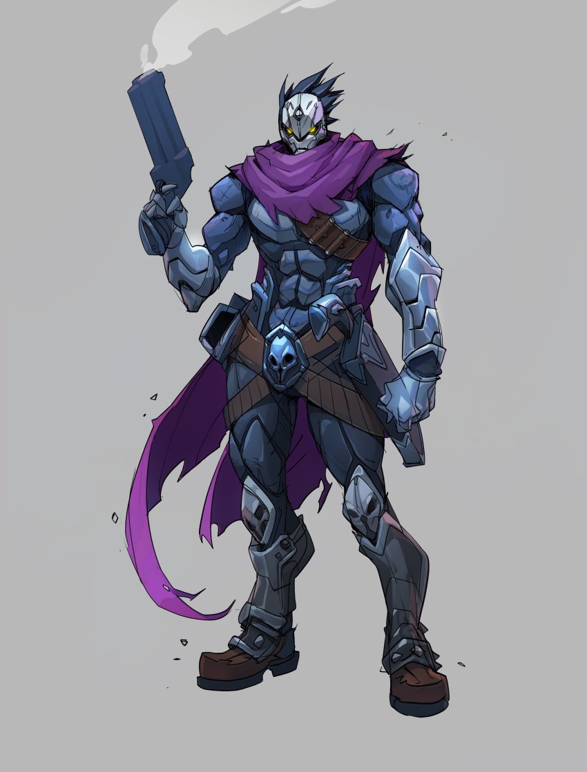 1boy abs absurdres arm_at_side belt black_hair brown_belt brown_footwear bullet cape darksiders full_body glowing glowing_eyes grey_background gun hand_up hicham_habchi highres holding holding_gun holding_weapon male_focus mask muscular muscular_male purple_cape short_hair simple_background solo steam strife_(darksiders) torn_cape torn_clothes weapon yellow_eyes