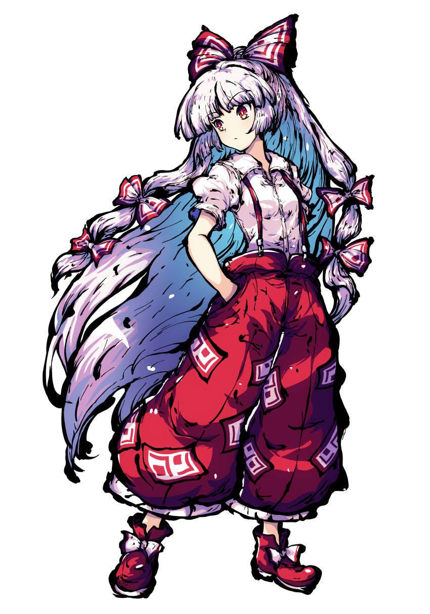 1girl absurdres bow breasts colored_inner_hair footwear_bow fujiwara_no_mokou hair_bow hands_in_pockets highres long_hair looking_to_the_side multicolored_hair multiple_hair_bows pants pioartstuff puffy_pants red_bow red_eyes red_pants red_shoes red_suspenders shoes simple_background small_breasts suspenders tokiame_(style) touhou two-tone_bow very_long_hair white_background white_bow white_hair