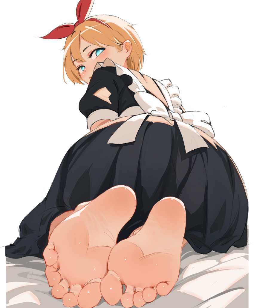 1girl absurdres babywipes back_bow barefoot black_dress blonde_hair blue_eyes blush bow bow_hairband commentary dress english_commentary feet foot_focus from_behind hairband highres kneeling looking_at_viewer looking_back maid on_bed petra_leyte re:zero_kara_hajimeru_isekai_seikatsu red_hairband short_hair simple_background soles solo toes white_background white_bow