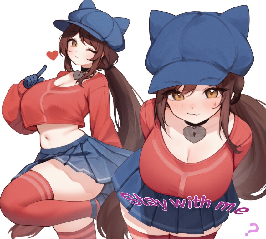 1girl absurdres animal_ear_headwear animal_ears blue_hat blue_skirt breasts brown_hair cool_mita_(miside) cosplay fake_animal_ears hat highres indie_virtual_youtuber large_breasts long_hair long_sleeves looking_at_viewer miside mita_(miside) pleated_skirt red_thighhighs skirt sky_above_me sky_above_me_(vtuber) smile solo teardrop_facial_mark thighhighs very_long_hair virtual_youtuber