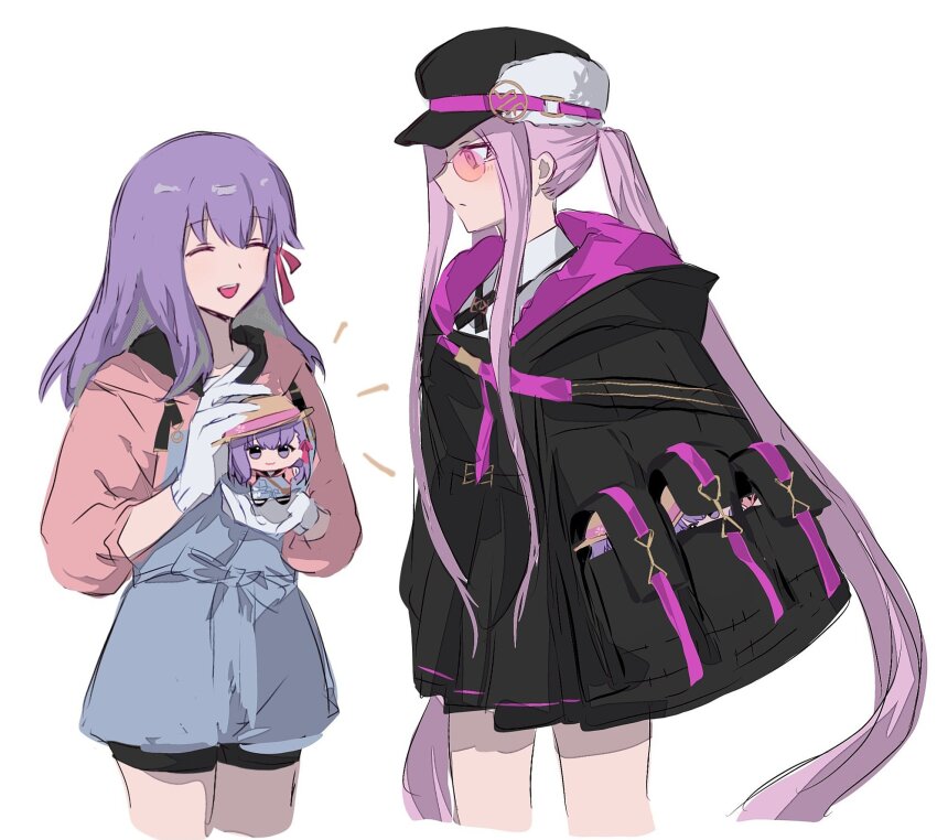 2girls black_dress black_hat black_jacket blush breasts character_doll doll dress fate/grand_order fate_(series) glasses hair_ribbon hat highres jacket large_breasts long_hair long_sleeves matou_sakura medusa_(fate) medusa_(saber)_(fate) medusa_(saber)_(first_ascension)_(fate) multiple_girls nekwnek open_mouth overalls pink-tinted_eyewear purple_eyes purple_hair ribbon round_eyewear sakura_(paper_moon) sidelocks simple_background smile straw_hat sunglasses tinted_eyewear twintails very_long_hair white_background