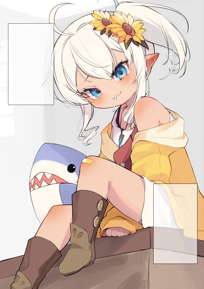 1girl ahoge asagawa_mikan asagawa_mikan_(peachy_michi) bandaid bandaid_on_knee bandaid_on_leg blue_eyes boots brown_boots candy dress final_fantasy final_fantasy_xiv flower food hair_flower hair_ornament highres jacket knee_up lalafell lollipop long_hair looking_at_viewer mouth_hold pointy_ears side_ponytail smile solo stuffed_animal stuffed_shark stuffed_toy thighs white_dress white_hair yellow_jacket