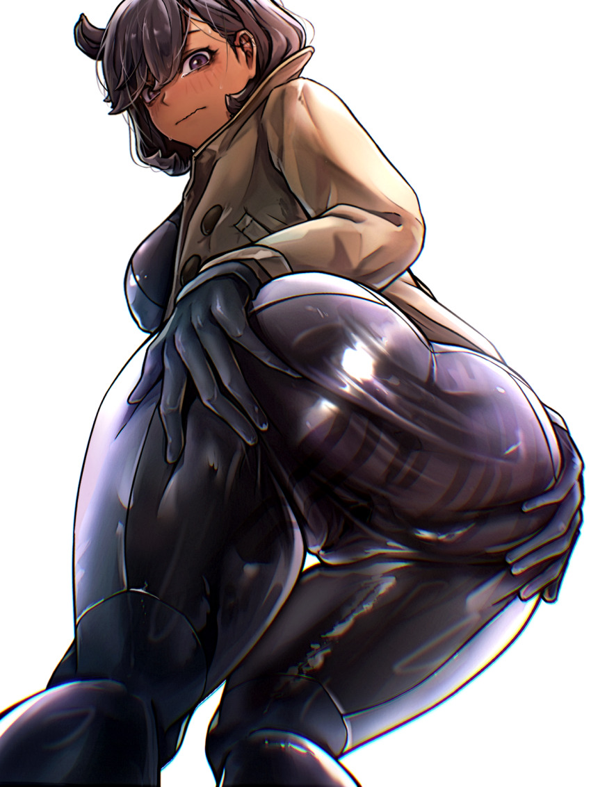 1girl aged_up ass ass_focus ass_press black_bodysuit black_gloves black_hair blush bodysuit bodysuit_under_clothes breasts brown_jacket closed_mouth commentary_request cowlick curvy dark-skinned_female dark_skin emma_(pokemon) from_below gloves grabbing_own_ass hair_between_eyes highres huge_ass jacket korean_commentary large_breasts latex latex_bodysuit long_sleeves looking_at_viewer looking_back mixed-language_commentary nintendo orange_gloves pokemon pokemon_legends:_z-a purple_eyes shiny_clothes short_hair sidelocks simple_background skin_tight solo spread_ass spread_pussy spread_pussy_under_clothes sweat swept_bangs tearing_up two-tone_gloves white_background wide_hips wldud9_9