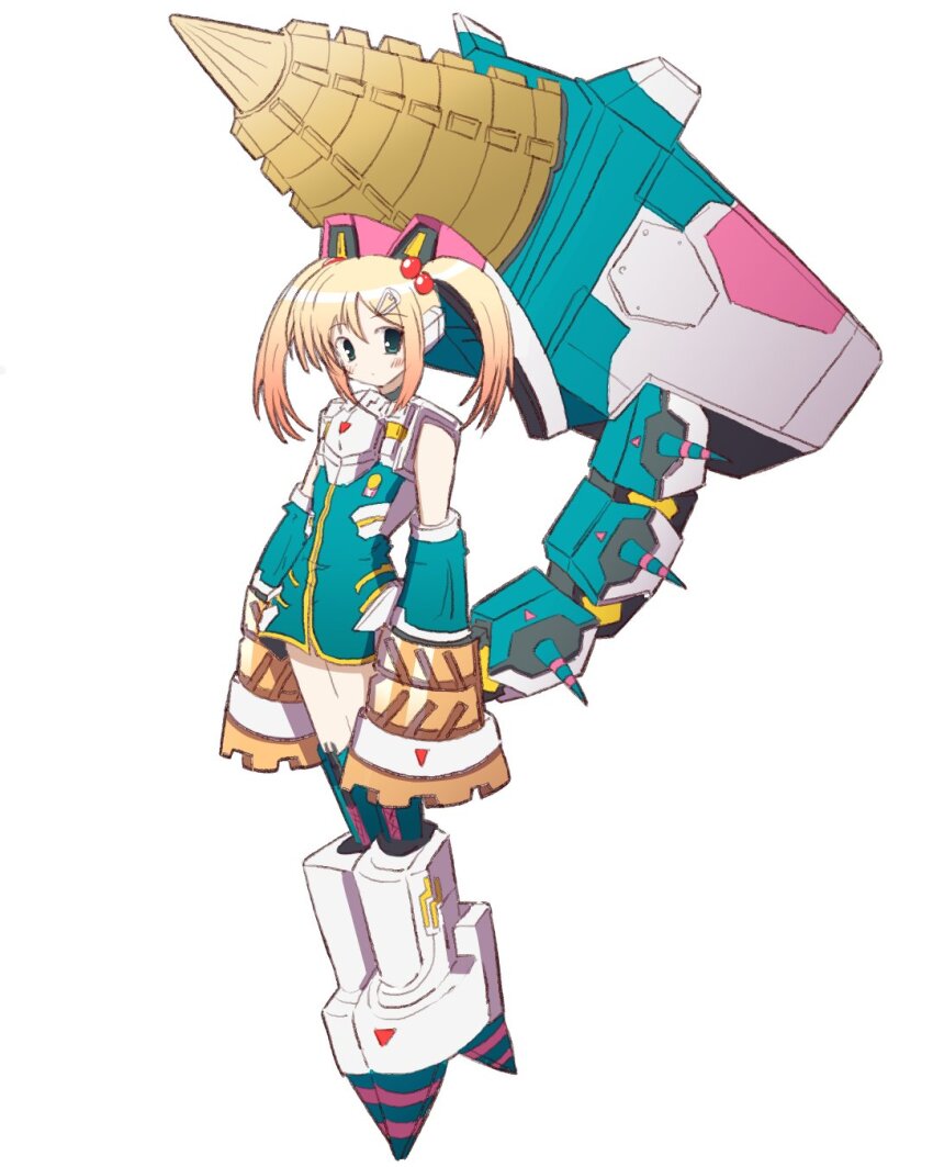 1girl blonde_hair cosmic_break detached_sleeves drill flat_chest green_eyes headgear highres looking_at_viewer mecha_musume pina_rueberry short_twintails siryou_no_kisi sleeves_past_fingers sleeves_past_wrists thighhighs twintails